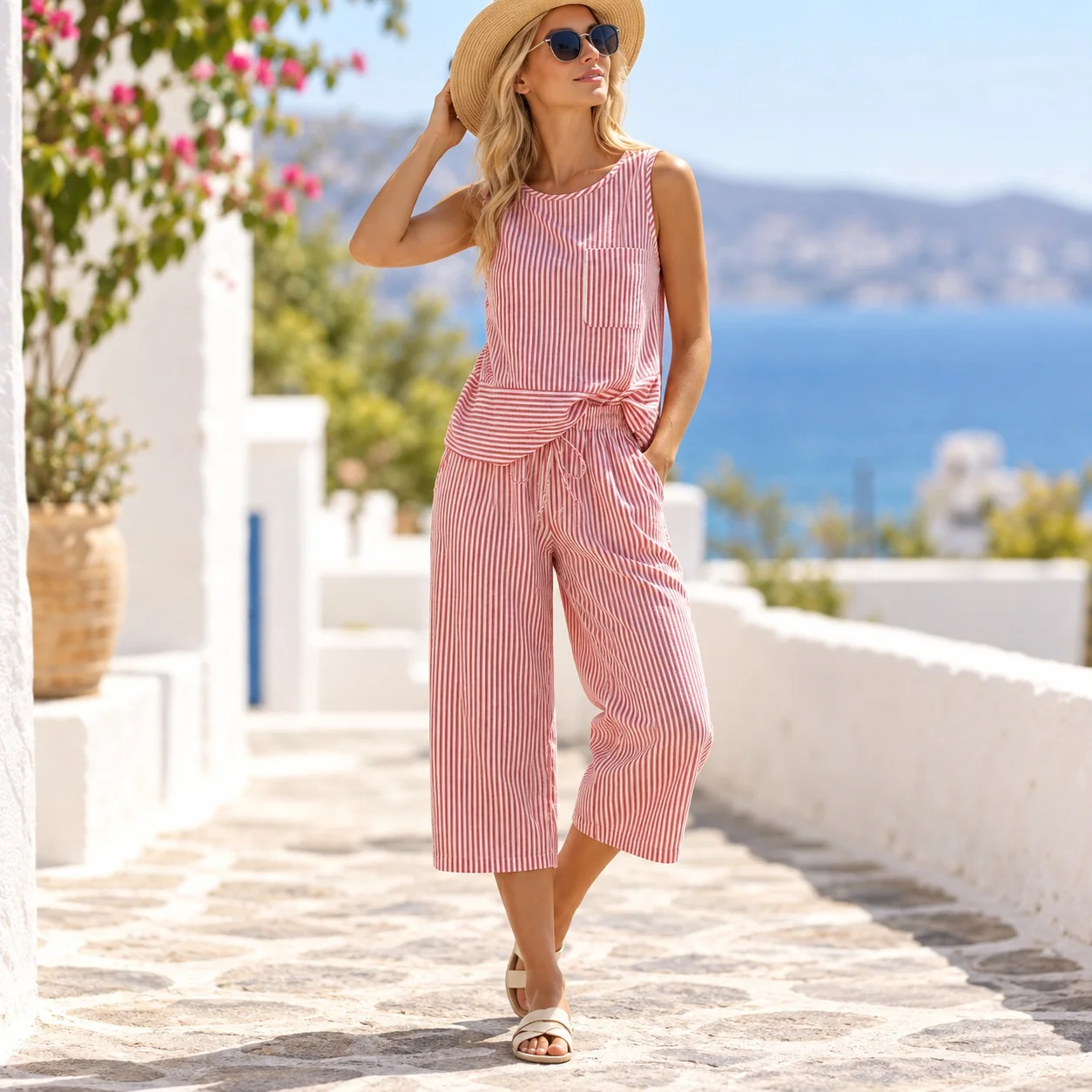Striped Sleeveless Top with Tank Top American and European Style Streetwear Summer Casual Patchwork Cropped Pants Women Sets