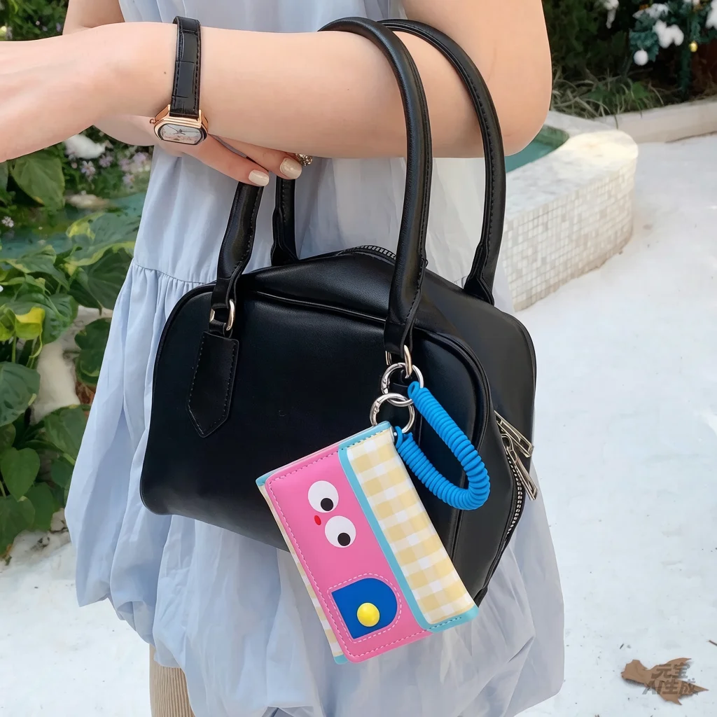 Cute Cartoon Card Holder, Sweet Plaid Multi-slot ID Wallet with Portable Spring Lanyard, Student Coin Purse