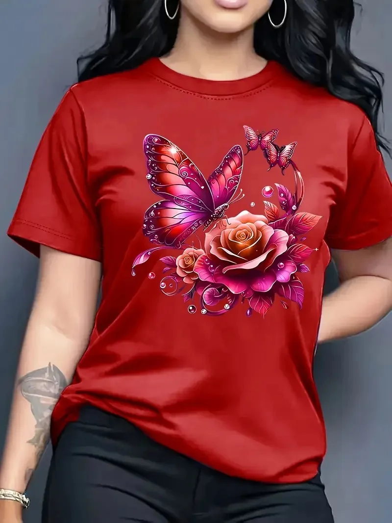 T-shirt décontracté à manches courtes et col rond pour femme, imprimé papillon rose, cadeau d'anniversaire ou de vacances idéal pour les sports de plein air