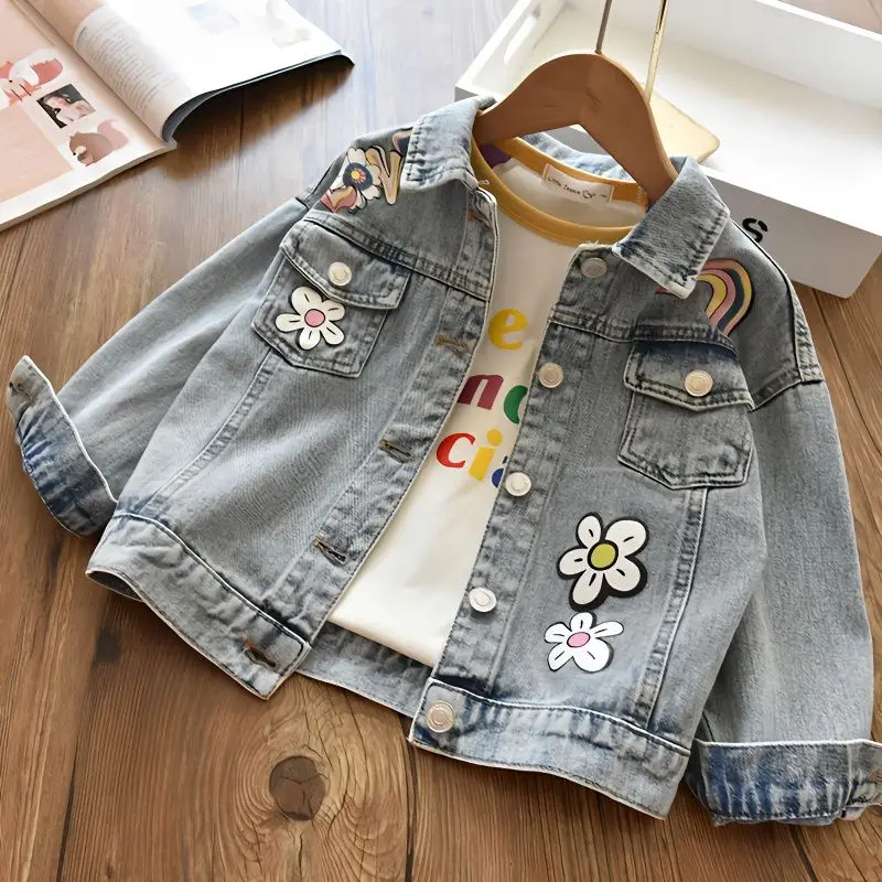 2-12 years Girls Denim Jackets Toddler Kids Girl Coat Spring Autumn Clothes Children Cartoon Floral Jacket Coat Outwear Jeans