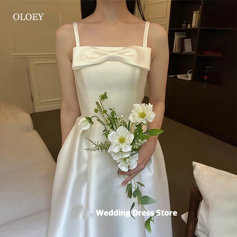OLOEY Simple Soft Korea Satin Wedding Dress Photo Shoot Square Neck Sleeveless A Line Bridal Gown Spaghetti Straps 웨딩드레스
