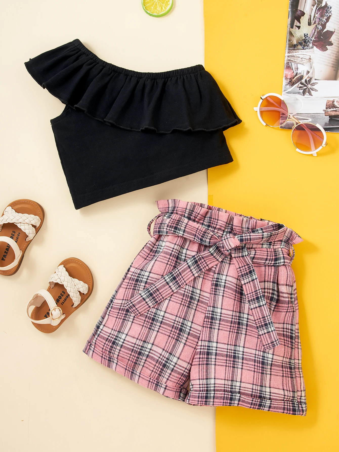 

Girls' Set Lotus Collar Short Top Belt Waist Striped Shorts Fashion New Travel Home Loose Fit