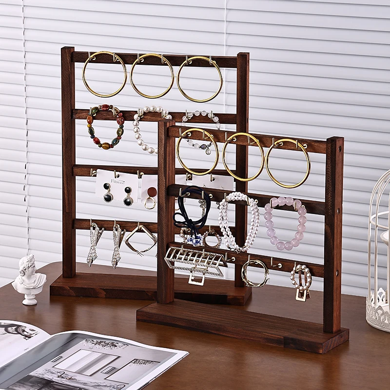 Solid Wood Multilayer Walnut Color Jewelry Organizer, Minimalist Multifunctional Display Stand for Necklaces Bracelets Hair Ties