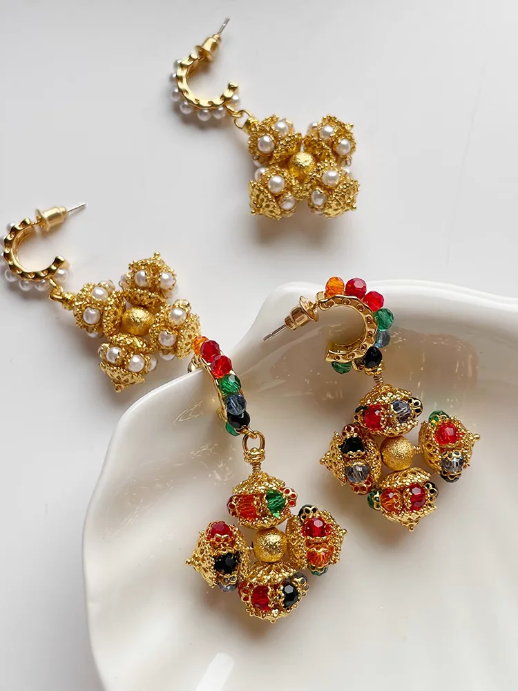 Brass With 18K Gold Colorful Beads Floral Earrings Women Jewelry Punk Designer Runway Rare Gown Boho Japan Korean