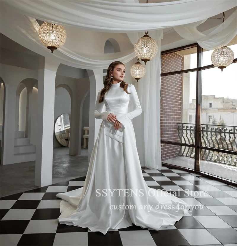 Formal Wedding Dresses High Neck Long Sleeves Mermaid Bride Bridal Gown Floor Length Muslim Customized White Civil Wedding Dress