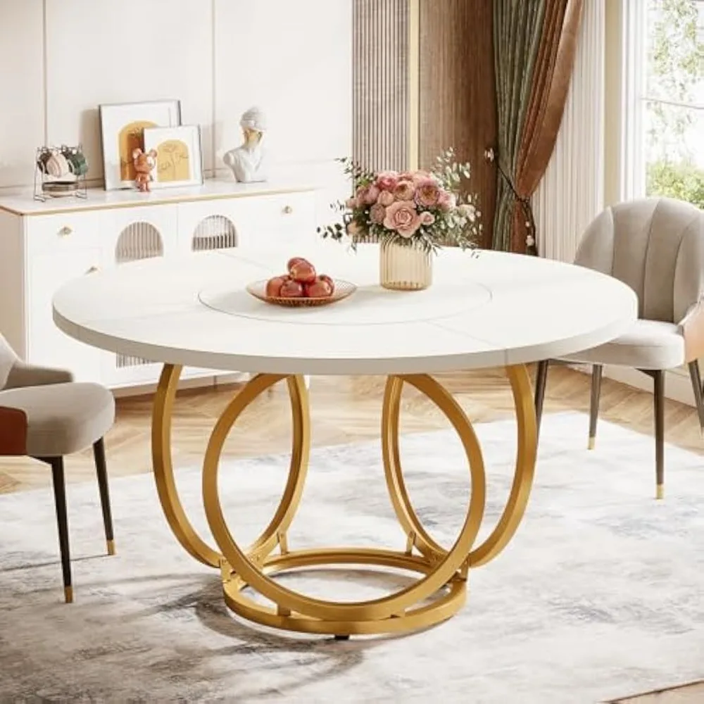 Modern 47-Inch Round Dining Table Set for 4 with White Wood Top and Golden Metal Base