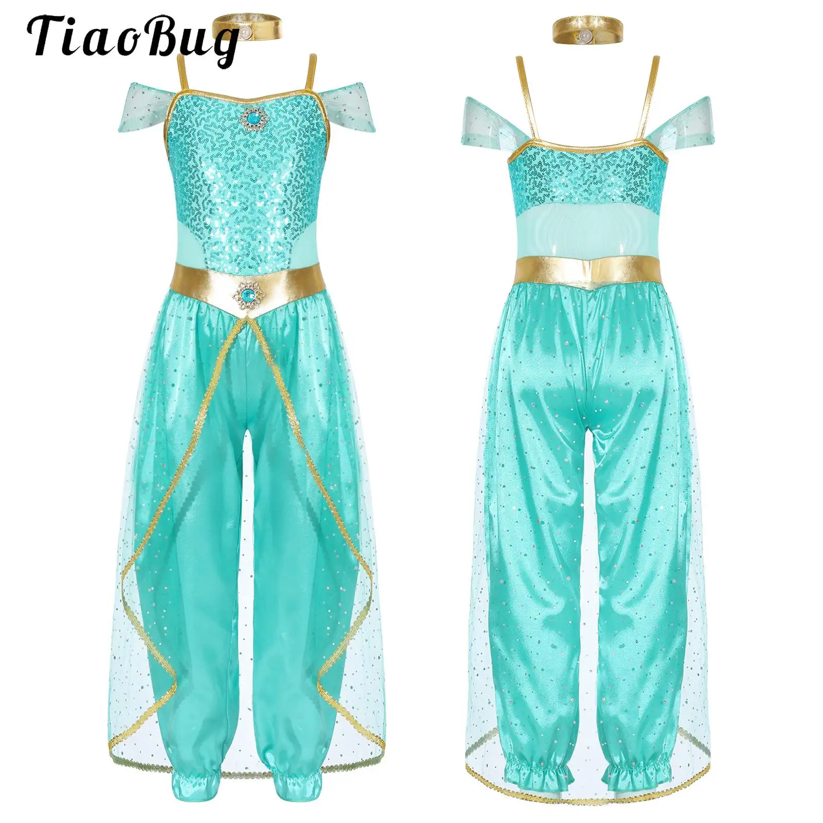 

Kids Girls Halloween Arabian Princess Costumes Shiny Sequin Gem Choker Jumpsuit Bollywood Jasmines Cosplay Performance Outfits