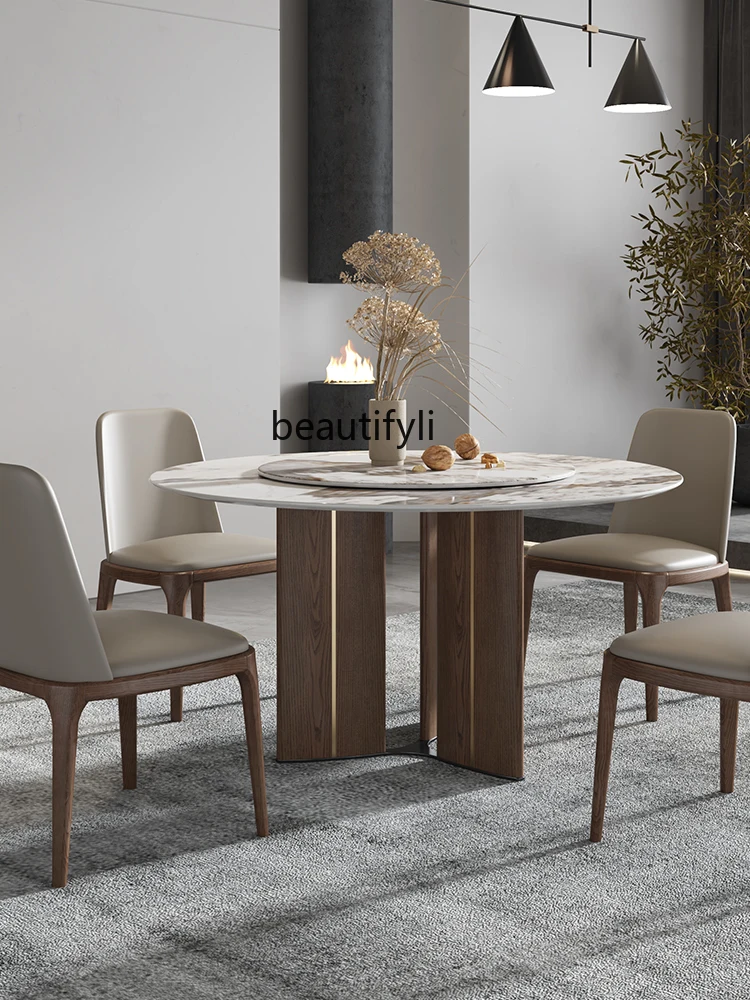 

Nordic solid wood dining table and chair combination rock slab round table with turntable modern dining table