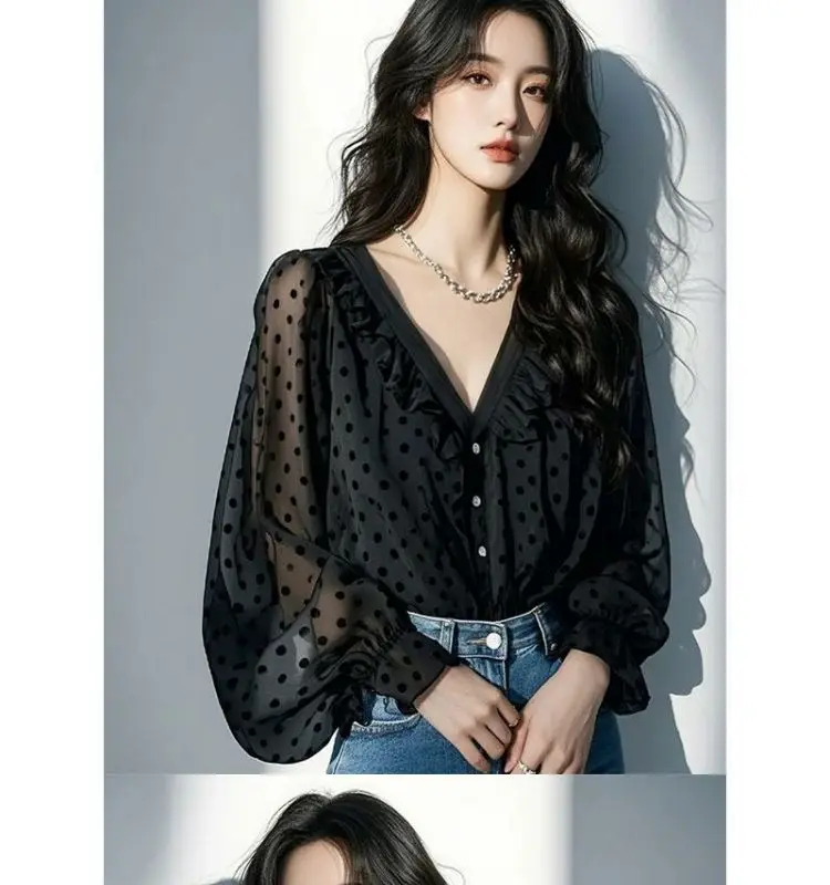 水玉セクシーな黒シフォンブラウスフリル V ネックボタンアップシャツランタンスリーブルーズエレガントなオフィスレディニッチトップスファッション
