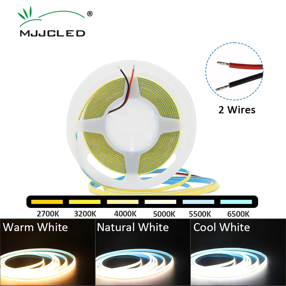 

CCT COB LED Strip DC12V 24V White Dimmable Dual Color Adjustable 600 LEDs High Density Flexible Ribbon 2 Pin Bare Wire Tape Lamp