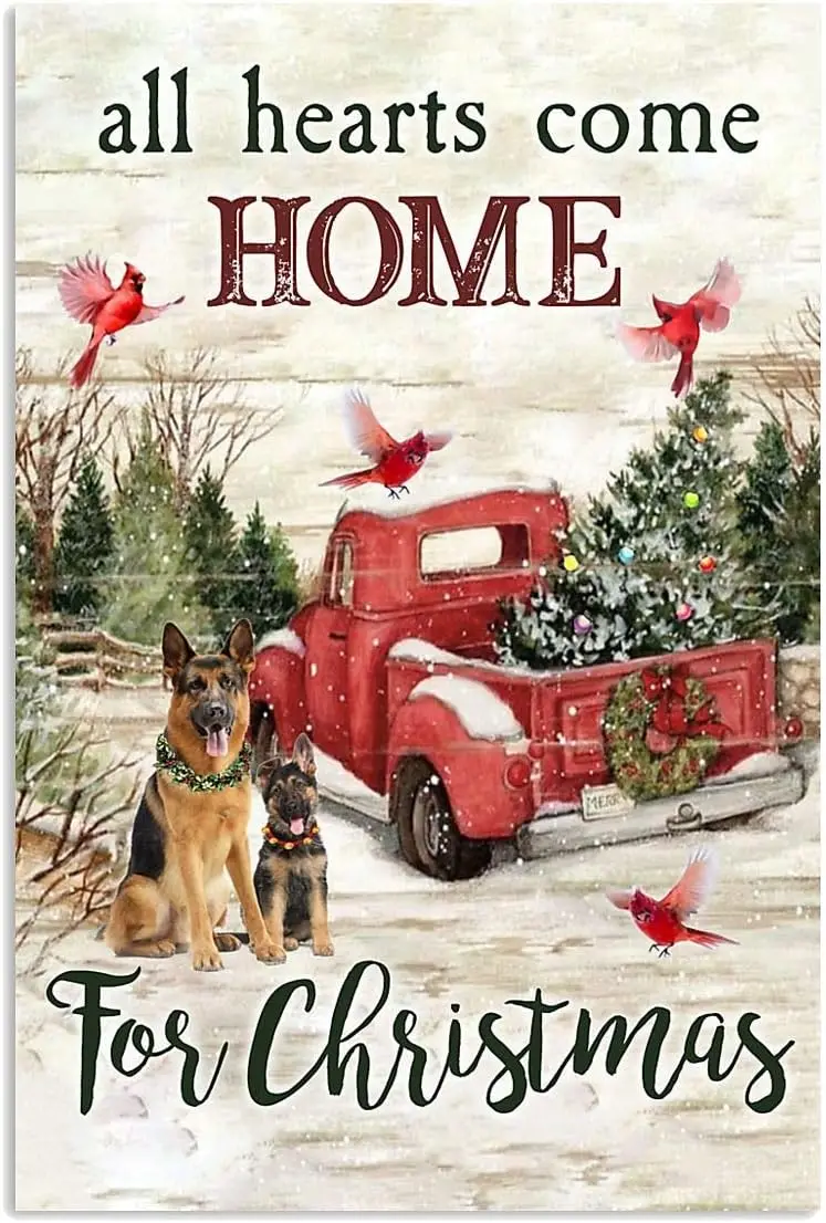 Letrero de Metal divertido, todos los corazones, ven a casa para Navidad, arte de pared de pastor alemán, carteles de hojalata para café, decoración de pared de cocina Vintage de 8x12 pulgadas