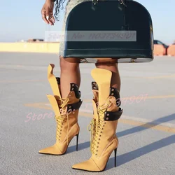 Yellow Flock Fold Over Boots Women Lace Up Pointed Toe Knee High Shoes Female Punk Fashion New Solid Stiletto High Heels Boots