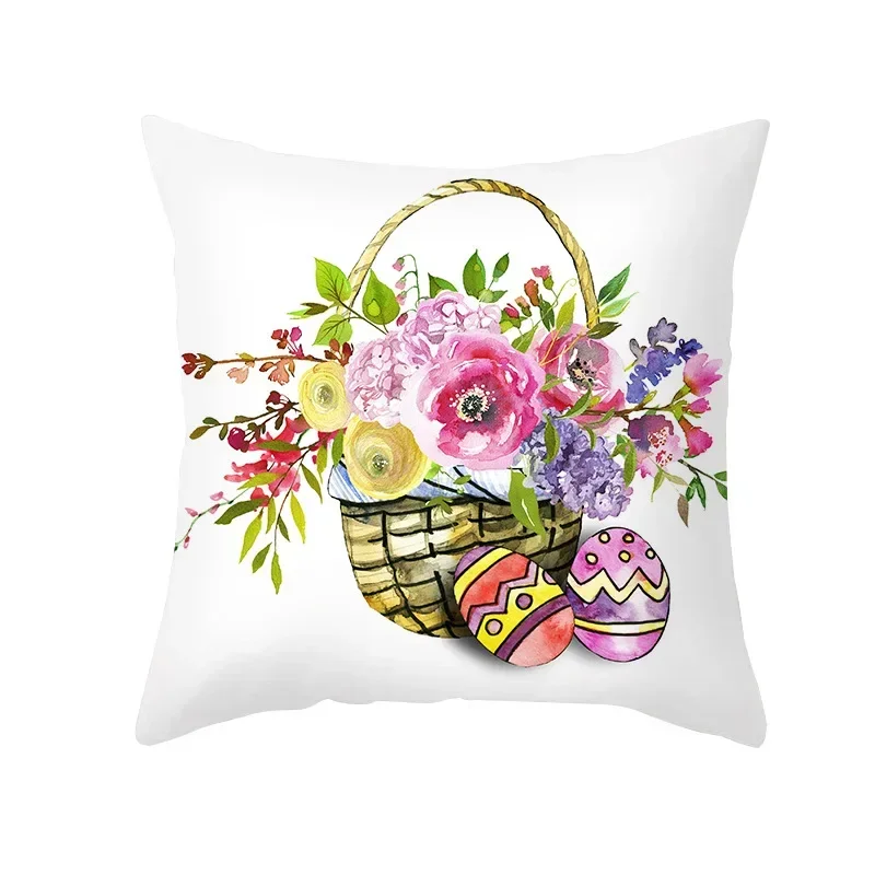 Cartoon illustration rabbit flower, grass flower ring egg pattern decoration against pillow sleeve sofa seat chair pillow sleeve