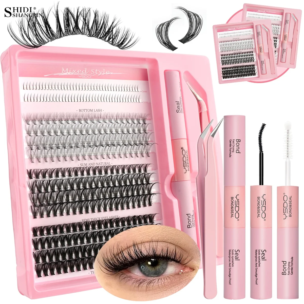 Cluster fai-da-te Colla e sigillo per ciglia 2 in 1 Strumenti per trucco ciglia finte naturali Kit di estensione ciglia inferiori Pinzette Set individuali