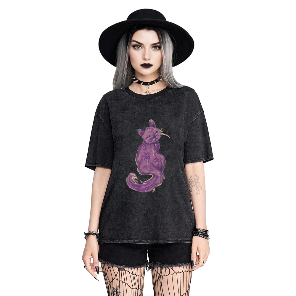 

Unisex Y2K Graphic T Shirt Vintage Washed Purple Cat Print Short Sleeve Tee Top Casual Streetwear Loose Oversized T-shirts