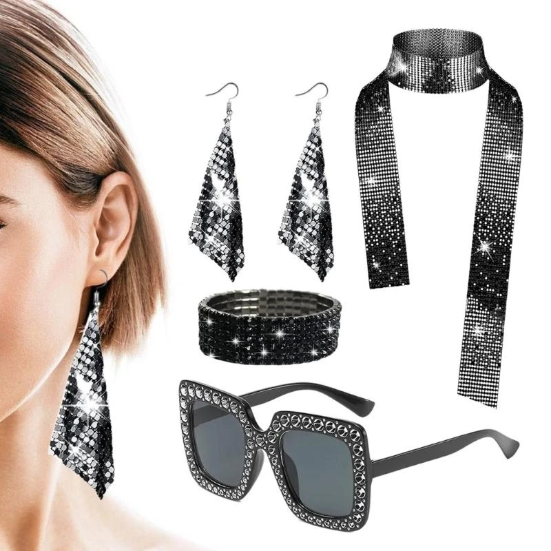 R1WE – ensemble déguisements Disco des années 70, chapeau scintillant, lunettes soleil longue écharpe,