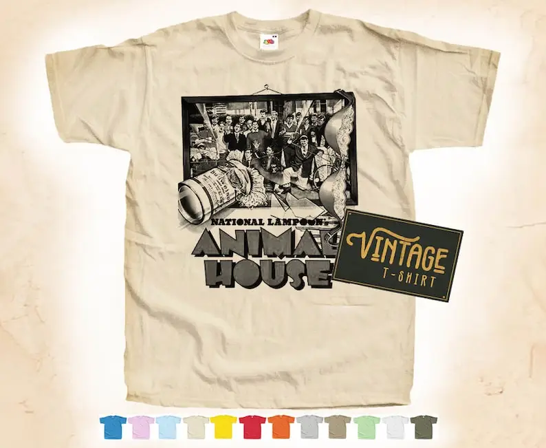 BLACK Print: Animal House V1 T shirt Tee Natural VINTAGE Cotton Movie Poster Beige 12 colors All Sizes