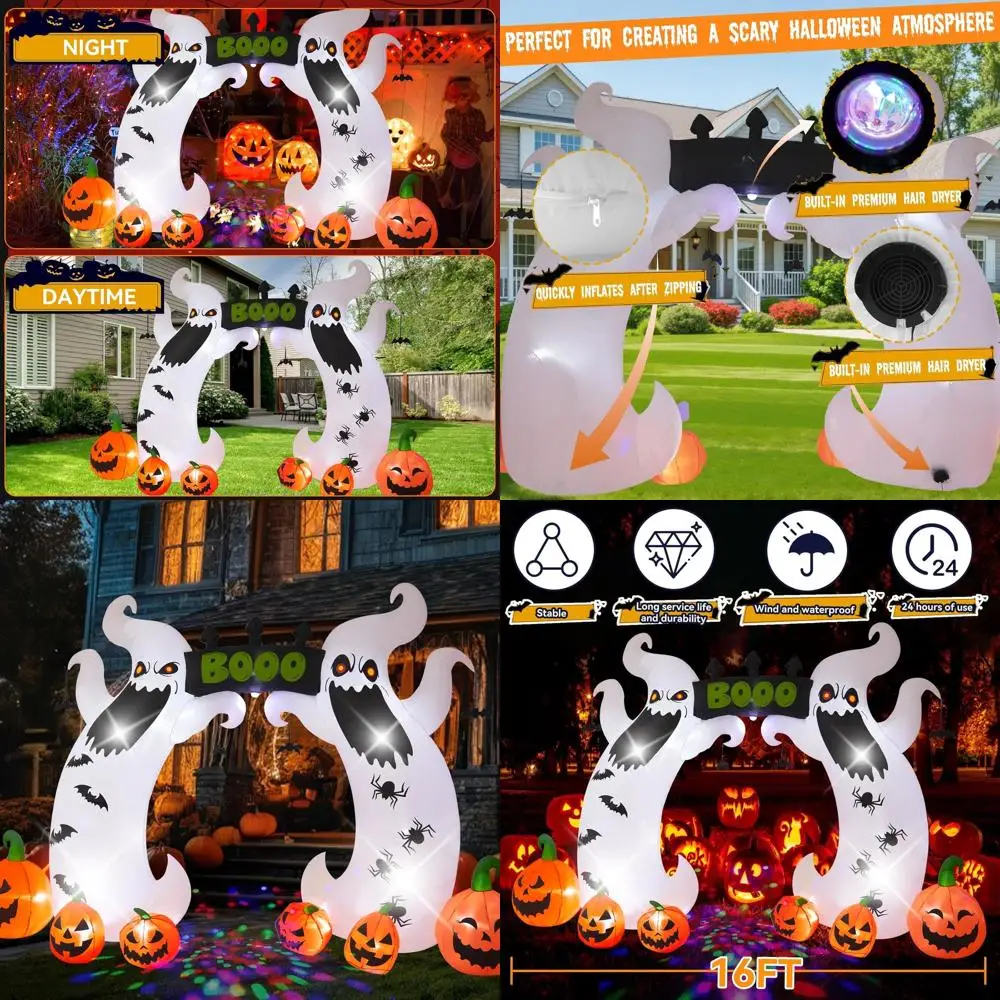 

Гигантская надувная арка-призрак высотой 16 футов с вращающимися светодиодными фонарями для праздничных вечеринок и садов на открытом воздухе