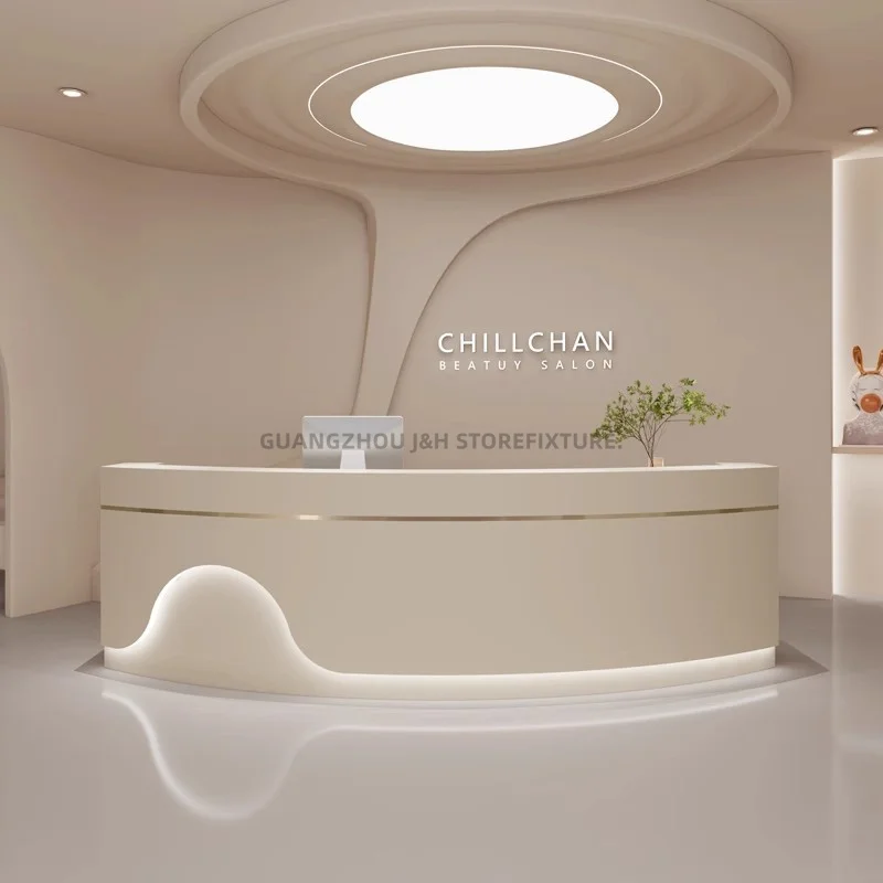 custom.Beauty salon white curved round checkout cashier counter led wooden commercial custom register desk furniture