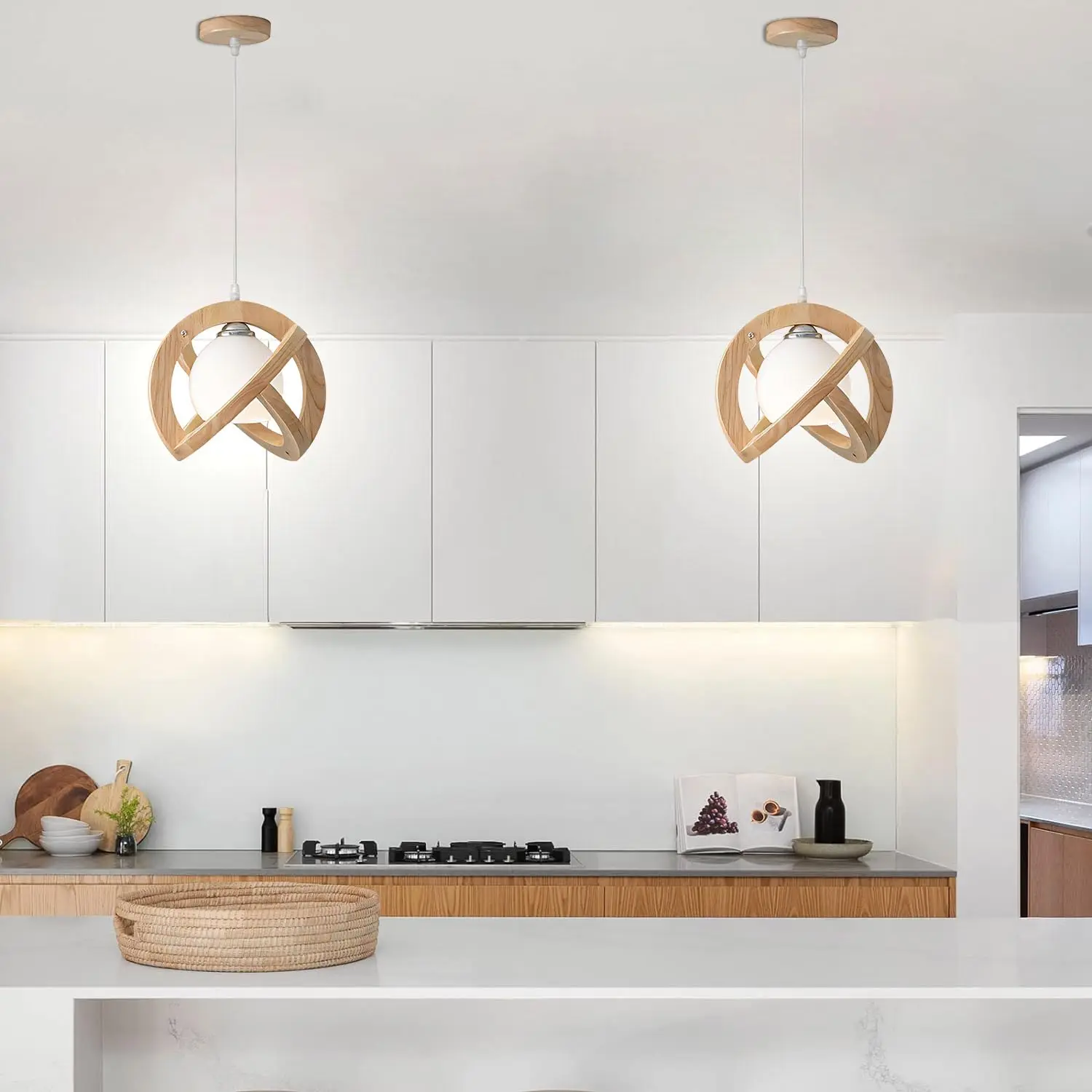 Wooden Ceiling Pendant Lamp Dining Light, Glass Pendant Light Kitchen Island, Round Hanging Lamp Living Room Home Decor Hallway