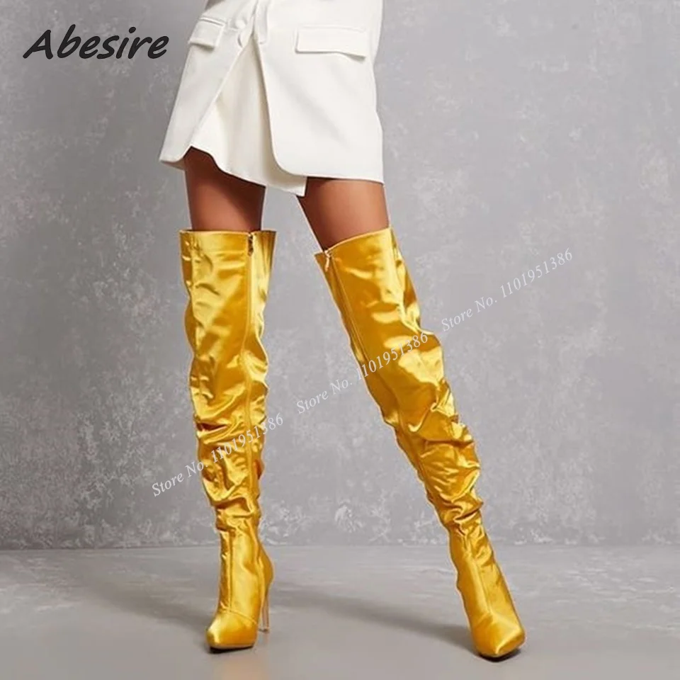 

Abesire Yellow Pleated Boots Side Zipper over the Knee Boots Solid Stiletto Heel Shoes for Women High Heel New Zapatillas Mujer