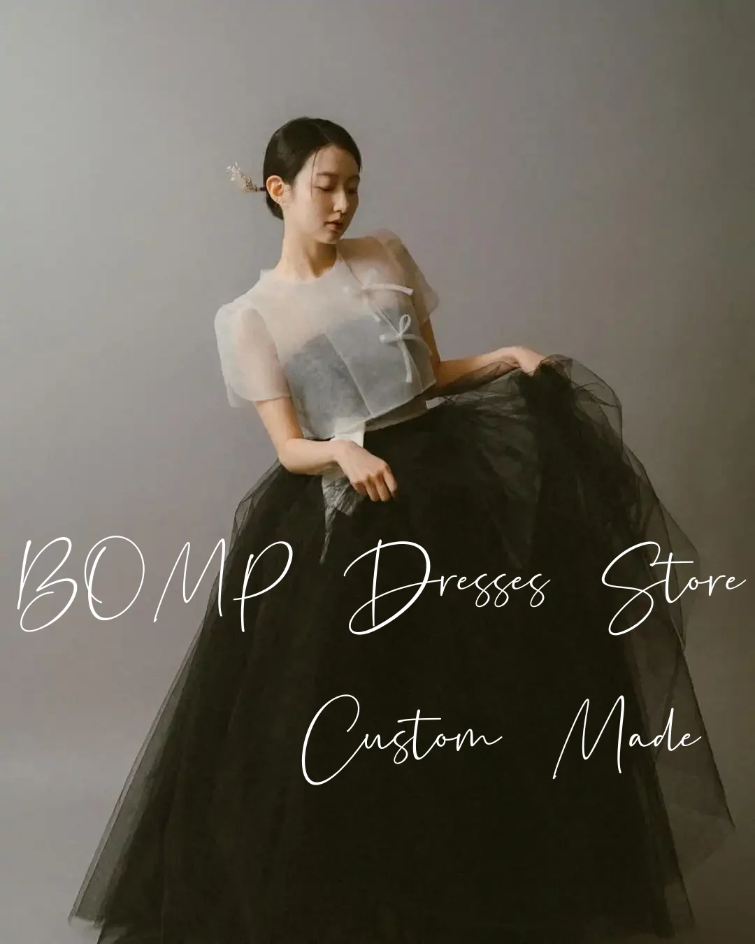 

BOMP Classic Contrast Black Wedding Dress O Neck Short Sleeves A-Line Floor Length Tulle Korea Photo Shoot Bridal Gown Custom