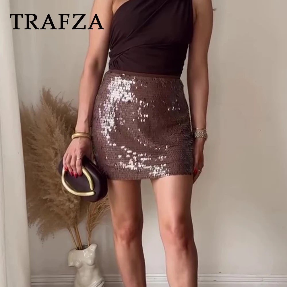 

TRAFZA Chic Y2K Sheath Sequined Sexy Brown Mini Skirt Club Fashion 2025 Modern Birthday Shiny Night Party Music Streetwear Skirt
