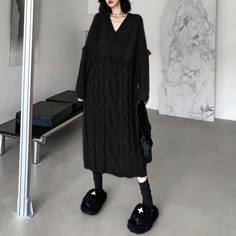 HKSH Herbst Winter Neue Frauen Lange Pullover Kleid V-ausschnitt Quaste Einfarbig Elegante Trend Casual Übergroßen Gestrickte Kleider HK16178