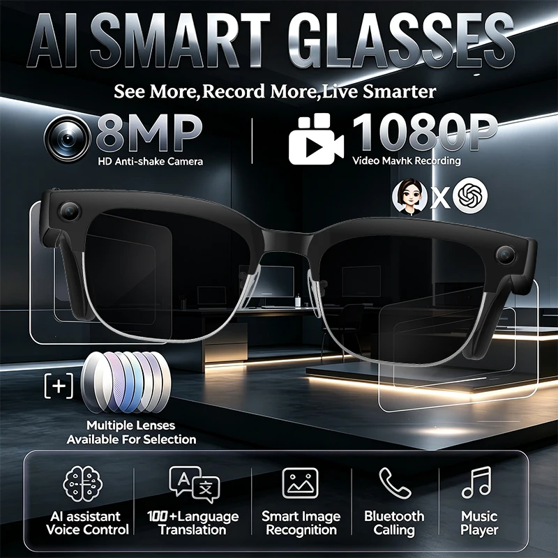 2026 AI Smart Glasses with Remote Control Touch Photo Camera Recording Translation Voice Assistant Wireless Bluetooth Sunglasses