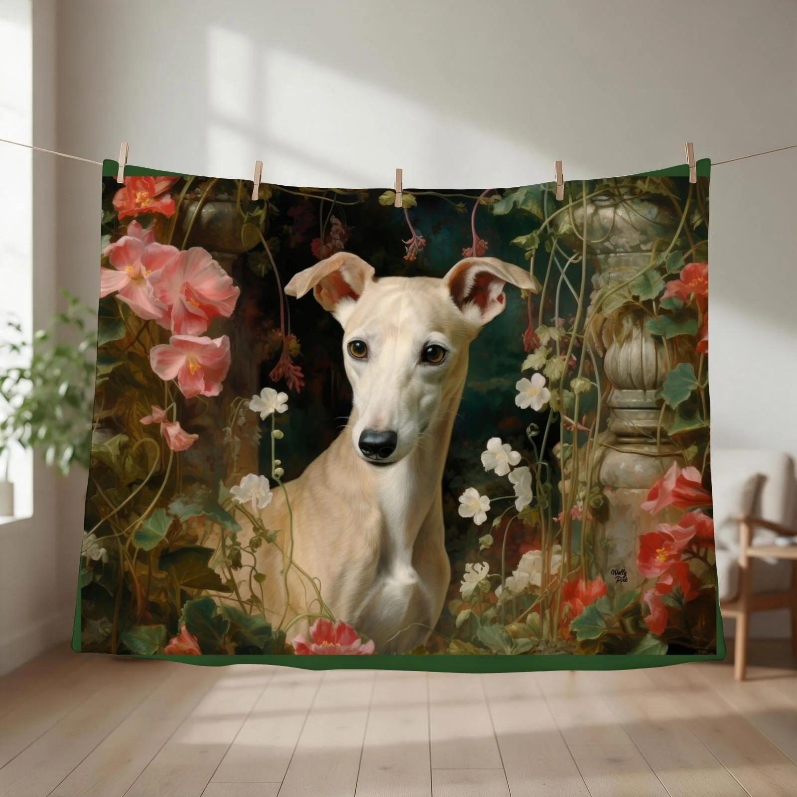 Whippet dog in old romantic garden, dog portrait Throw Blanket couch cozy soft plush fuzzy picnic outdoor blanket