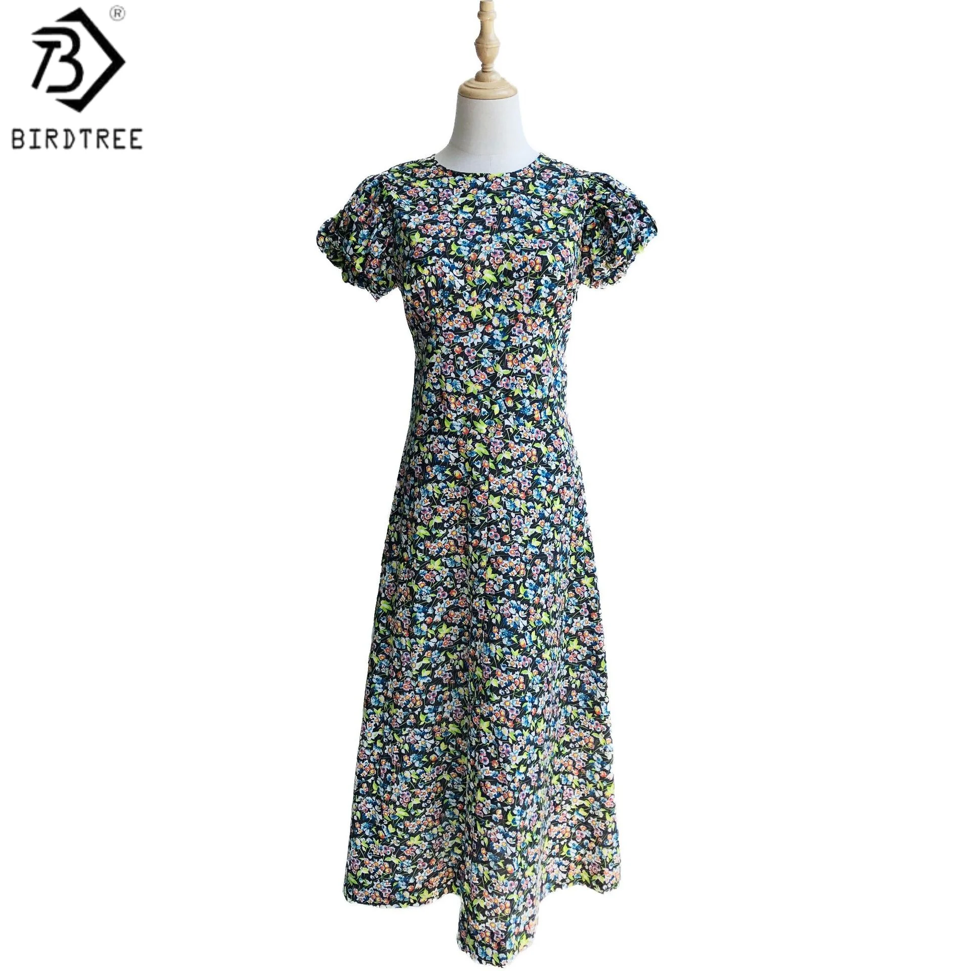 

BirdTree Summer 100% Cotton O-neck Floral Print Dress,Woman Bubble Sleeve Rural Style Long Loose Dresses,2025 New D57327JF