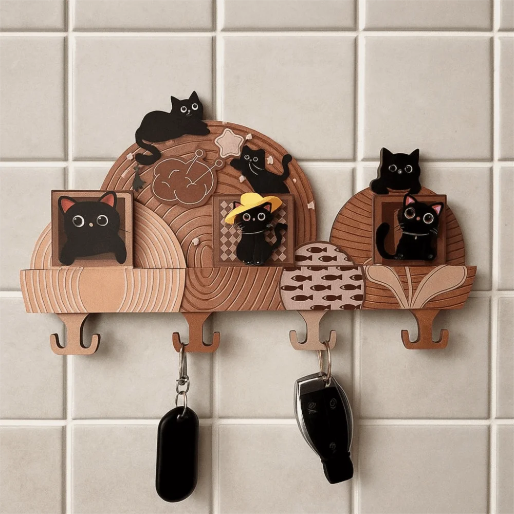 

Cat Wall Mounted Key Holder Originality No Punching Required Entryway Hooks Practical Cartoon Entrance Storage Rack Office