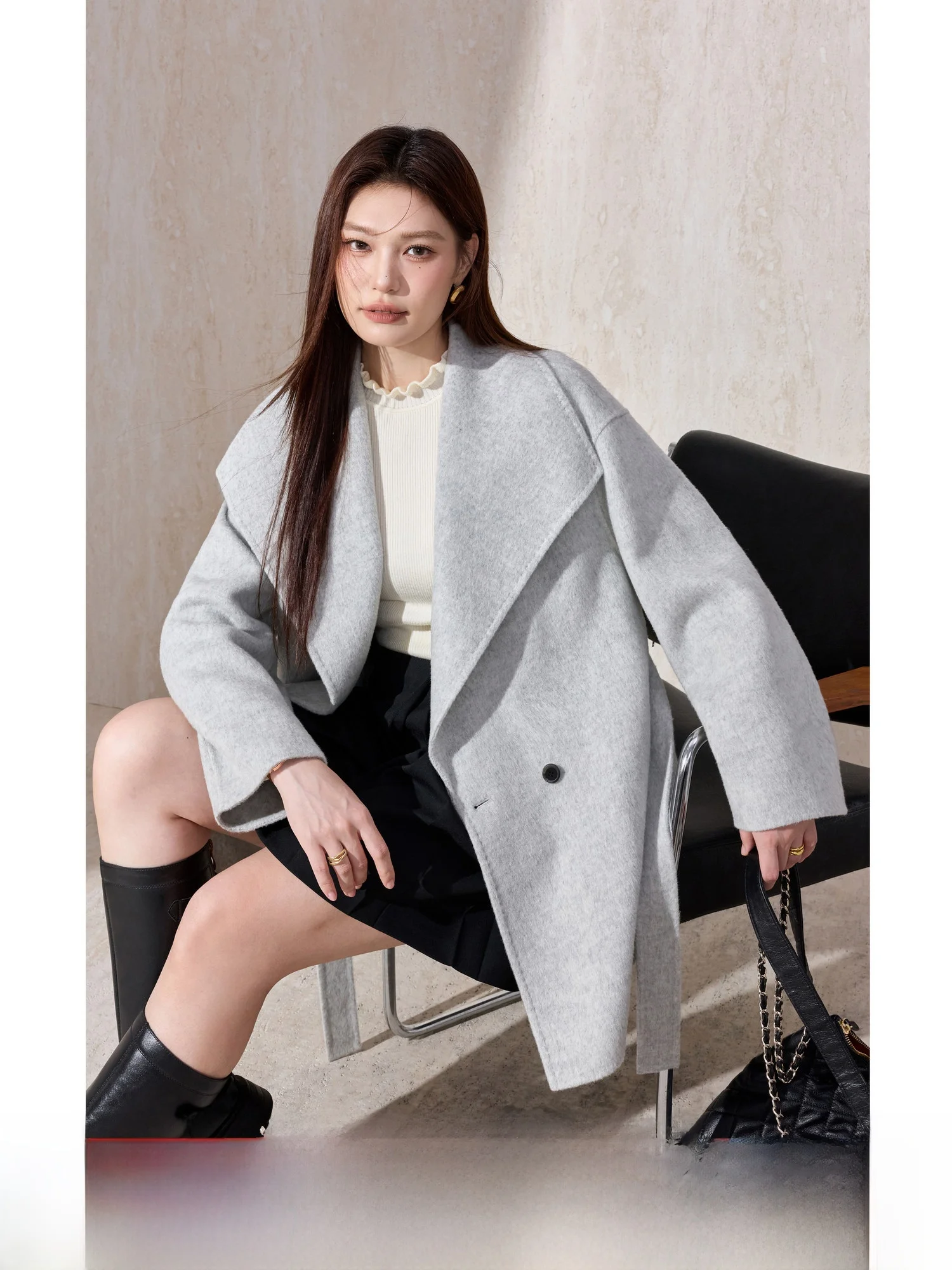 

Blue Language Large Size Woolen Coat Women's 2026 Winter New Sle Belted Pure Color Mid-Length Double-Faced Tweed Jaet