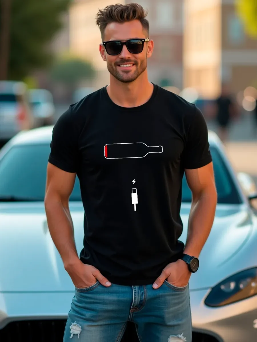 تي شيرت قطني من Wine Humor - تي شيرت برسومات شحن زجاجة النبيذ المضحكة - قميص أسود أنيق لعشاق الكحول وعشاق الفكاهة