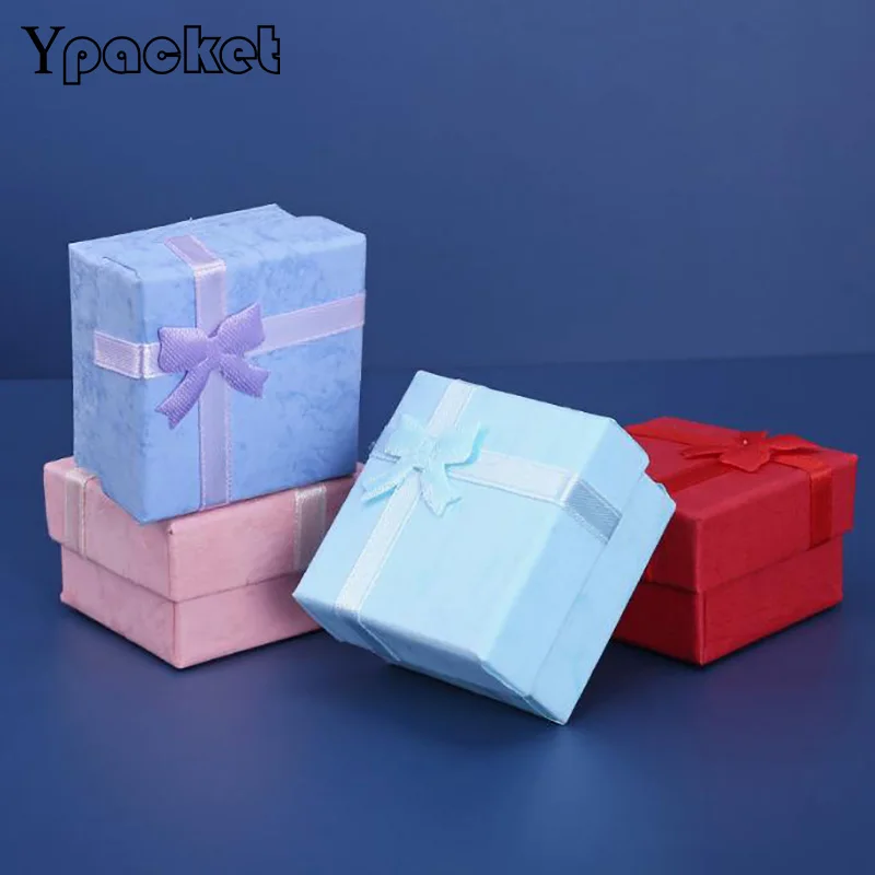 

80Pc Jewelry Organizer Boxes 4Colors Bow Ring Earring Display Cases With White Foam Wedding Party Gifts Storage Boxes 5x5x3.2cm