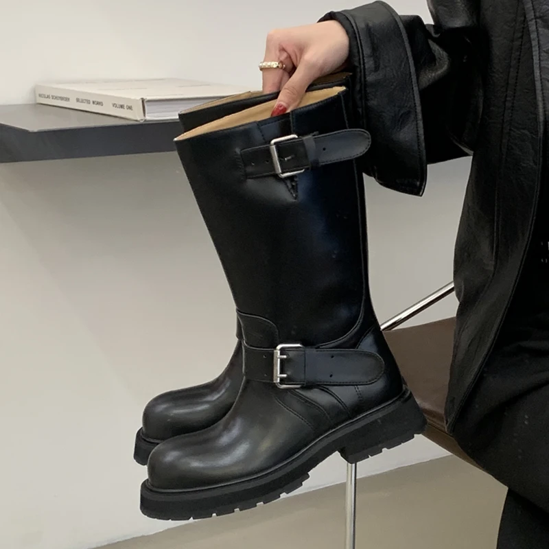 Eilyken Punk Style Round Toe Belt Buckle Women Ankle Boots Fashion Square Low Heels Shoes Autumn Winter Modern Booties