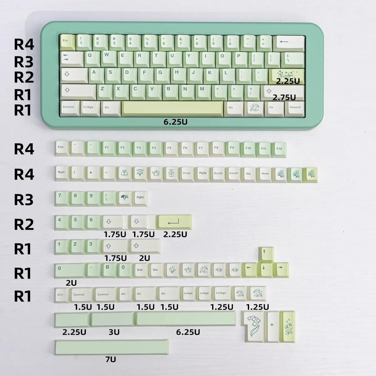 1 Set Ginkgo Theme Keycaps PBT Dye Sublimation Light Green Key Caps Cherry Profile Lightproof Keycap For 64 84 96 980 104 108