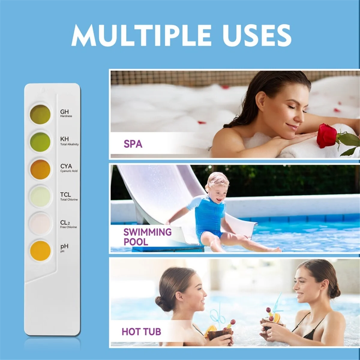 A79G 6 in 1 SPA 수질 테스트 키트 PH//GH/CYA// 수질 화학 테스트 염소 PH 측정기 (스파 및 온수 욕조용)