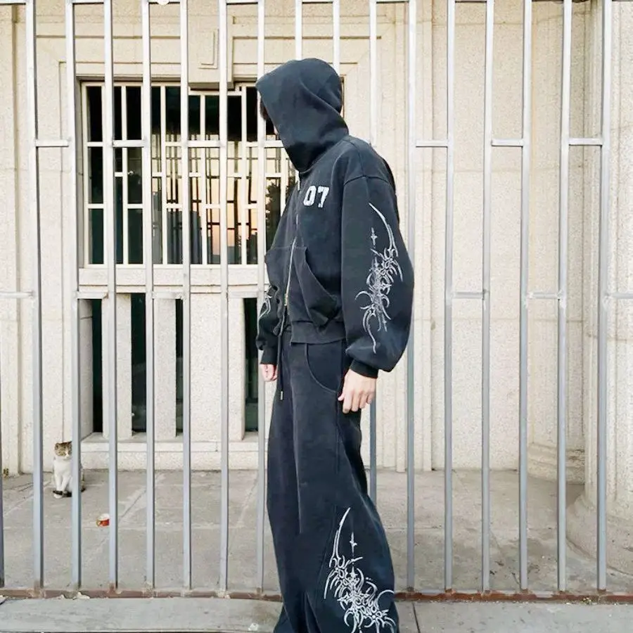 

Dark Printed Washing Old Retro Street Autumn And Winter Suit Hooded Zipper Sweatshirt Machete Pants Men And Women Trendy