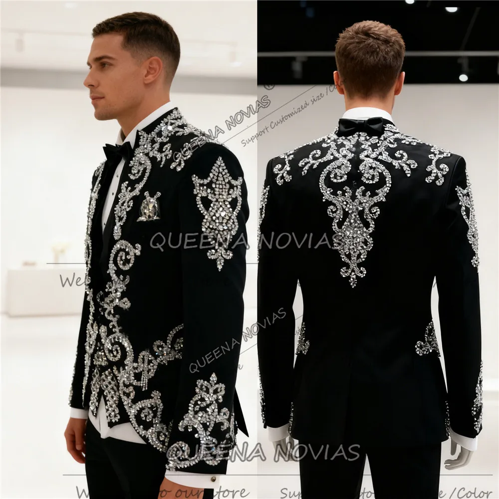 Beaded Stones Suits Men For Wedding Italian Design Single Breasted Prom Blazers Customized Groom Tuxedos Outfits Man Party Dress