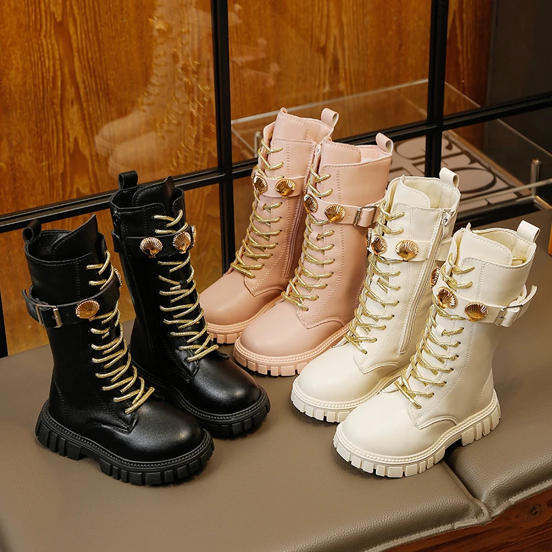 Girls' Spring and Autumn Fashion Buckle Decoration Leisure Platform Boots 2026 New Solid Color Non-slip Comfortable Knee Boots