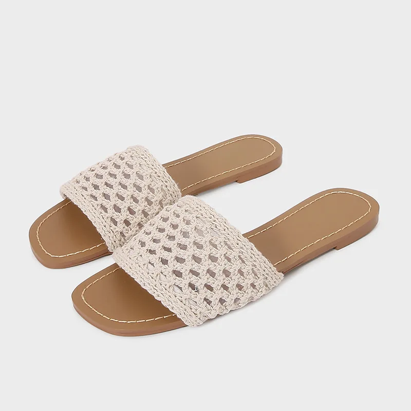 

Za2025 summer new women's shoes - light beige woven fabric flat casual sandals - hollow-out breathable slides
