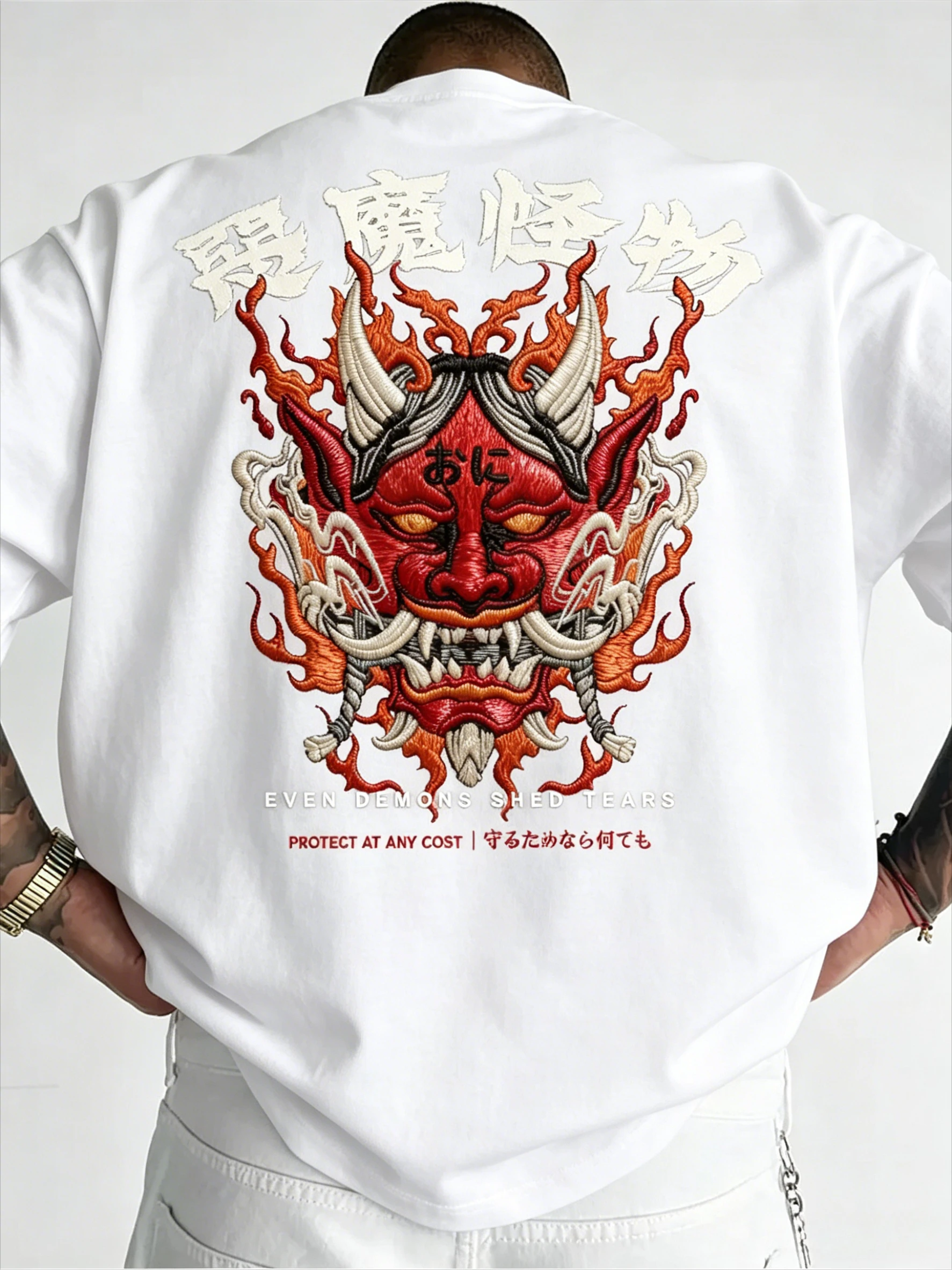 Japanese Oni Hannya Mask Back Print T Shirt Demon Kanji Dark Aesthetic Harajuku Streetwear Graphic Short Sleeve Tee
