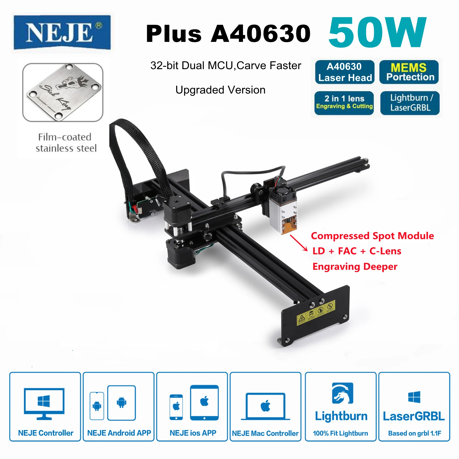 NEJE 3 Plus 50W CNC Laser Engraver Printer Wood Cutter Stainless Steel Engraving Tool With A40630 Compressed Spot Module