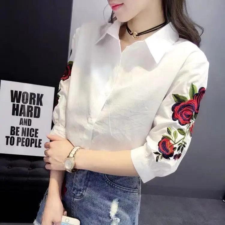 

Embroidered Cotton irt Women's Loose Slim Fit Spring Summer New Sle Korean Version Five-Quarter Sve Collar Top