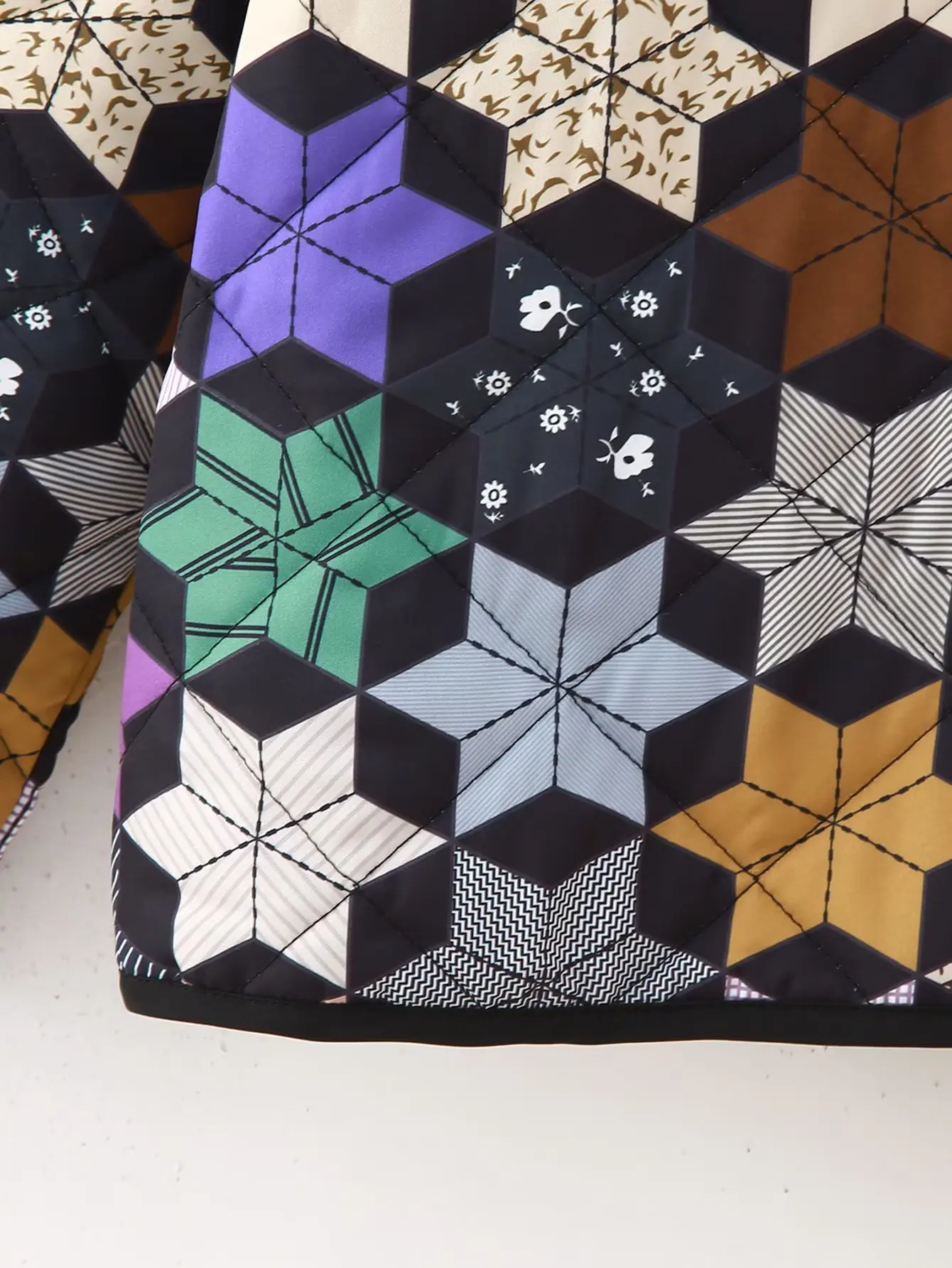 خريف شتاء جديد سترة مبطنة بالقطن للنساء موضة س الرقبة سستة كم طويل جيب التباين اللون هندسية طباعة معطف #3