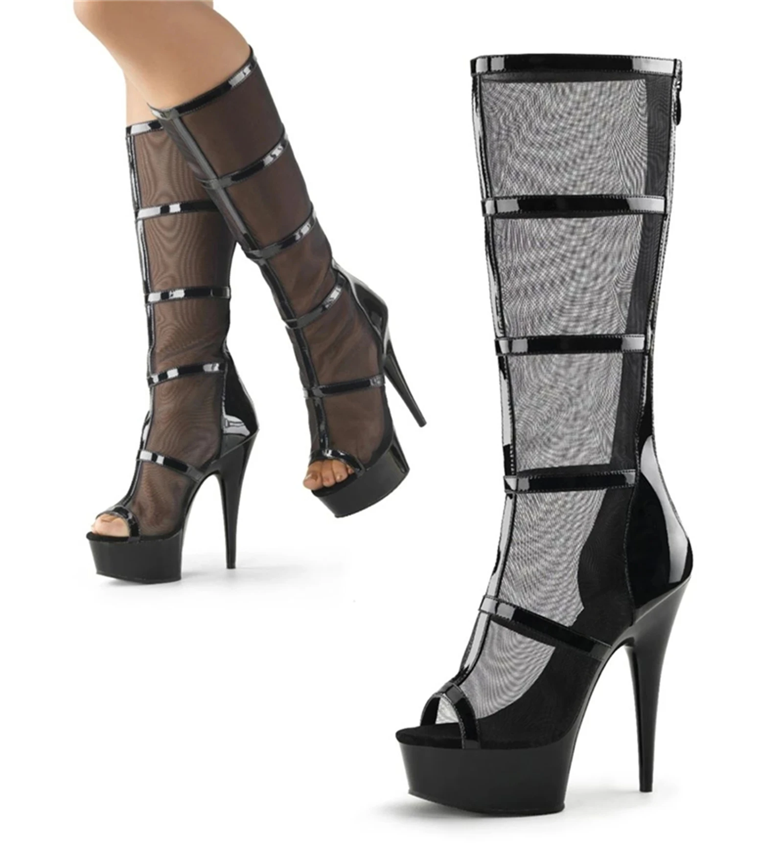 

Gothic Punk Fetish Boots 15CM High Heel, Black Open Toe Lace Up Thigh High Boots for Drag Queen Performance, Club Wear