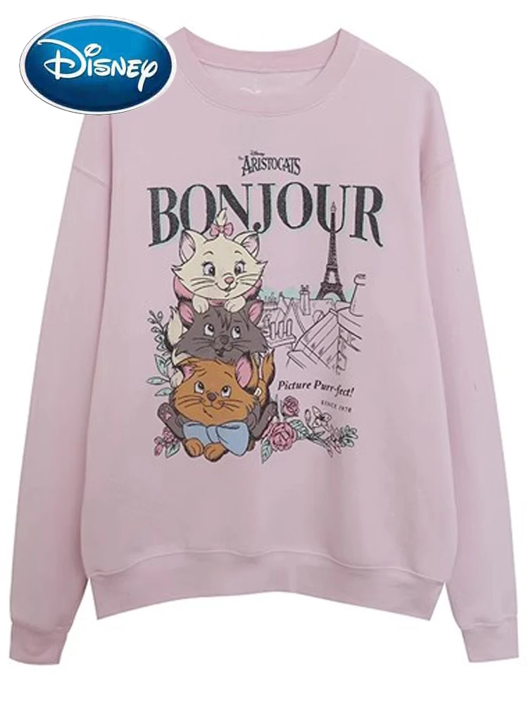 Disney Front Back Marie Cat Letter Cartoon Print Sweatshirt Sweet Women Long Sleeve O-Neck Pullover Fleece Jumper Tops Pink