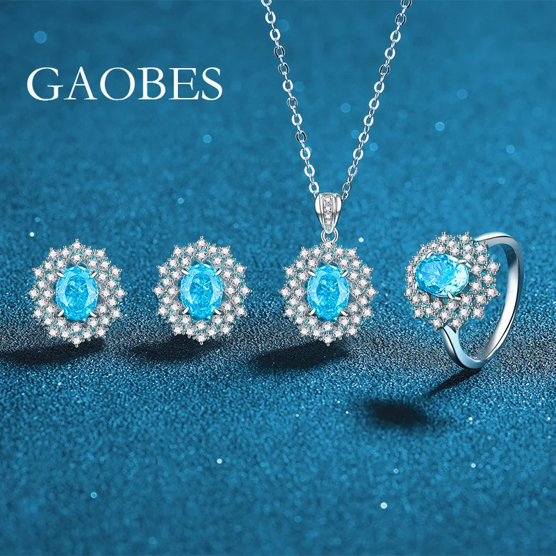 

Luxury Solid Platinum PT950 Women's Diamond Ring Sea Blue Three-piece Pendant Necklace Ring Stud Earrings