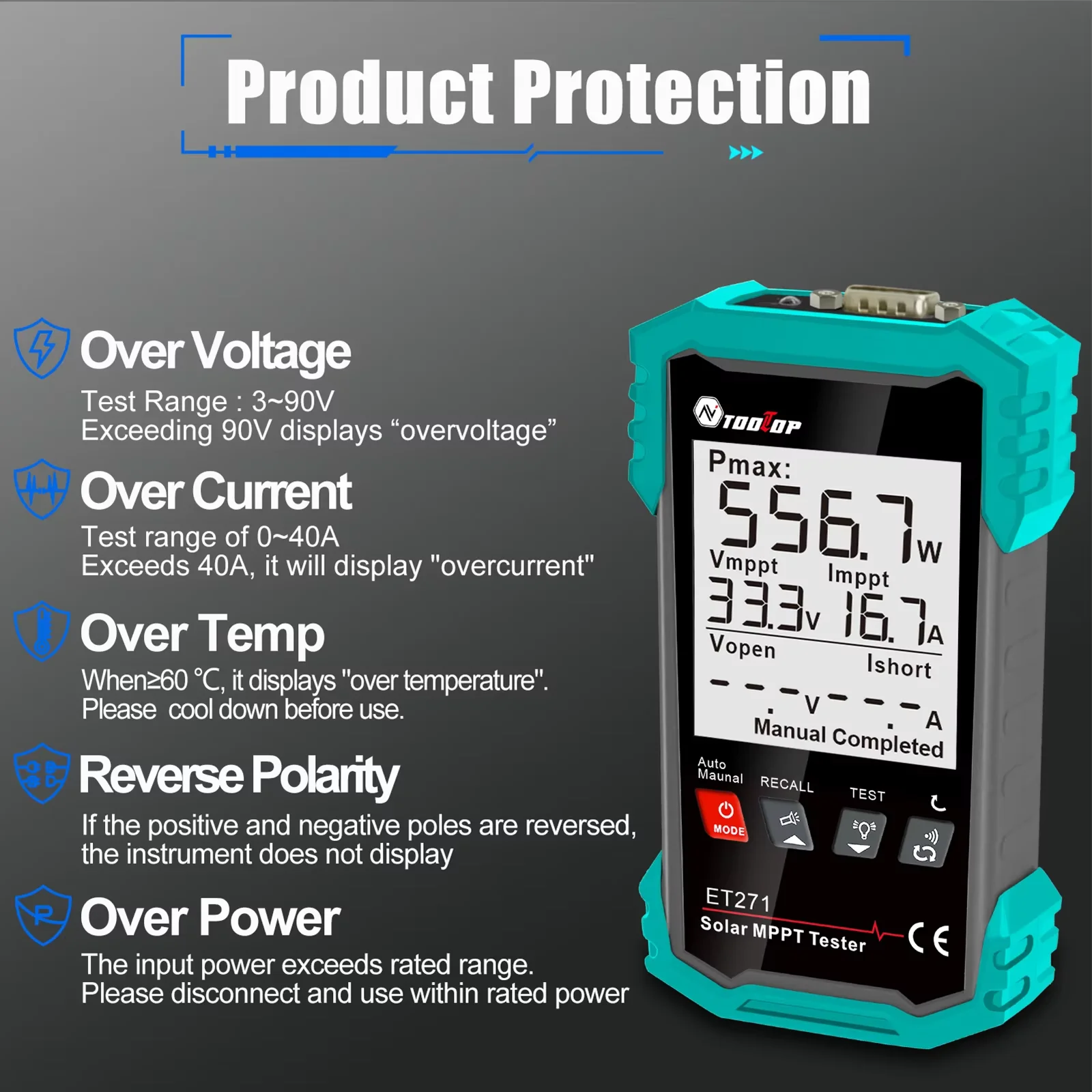 TOOLTOP panneau solaire Portable 2000W MPPT testeur stockage de données compteur d'énergie solaire photovoltaïque entretien de la batterie solaire